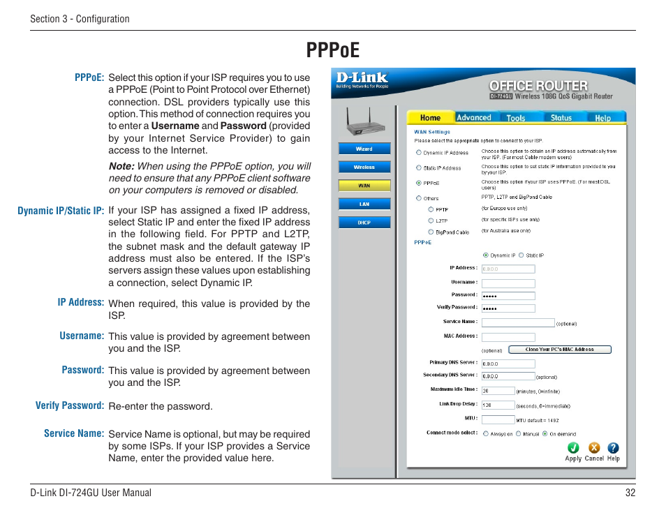 Pppoe | D-Link WIRELES 108 ROUTER DI-724GU User Manual | Page 32 / 89