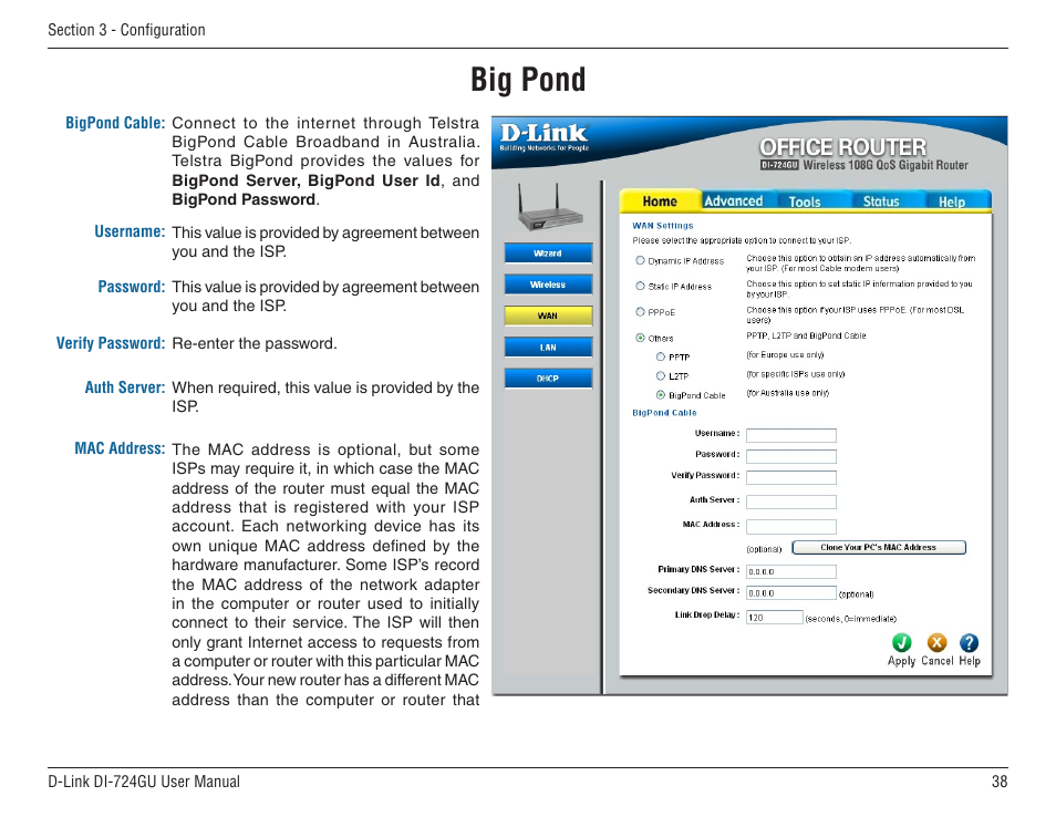 Big pond | D-Link WIRELES 108 ROUTER DI-724GU User Manual | Page 38 / 89