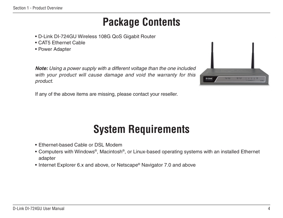 Product overview, Package contents system requirements, System requirements | Product overview package contents | D-Link WIRELES 108 ROUTER DI-724GU User Manual | Page 4 / 89