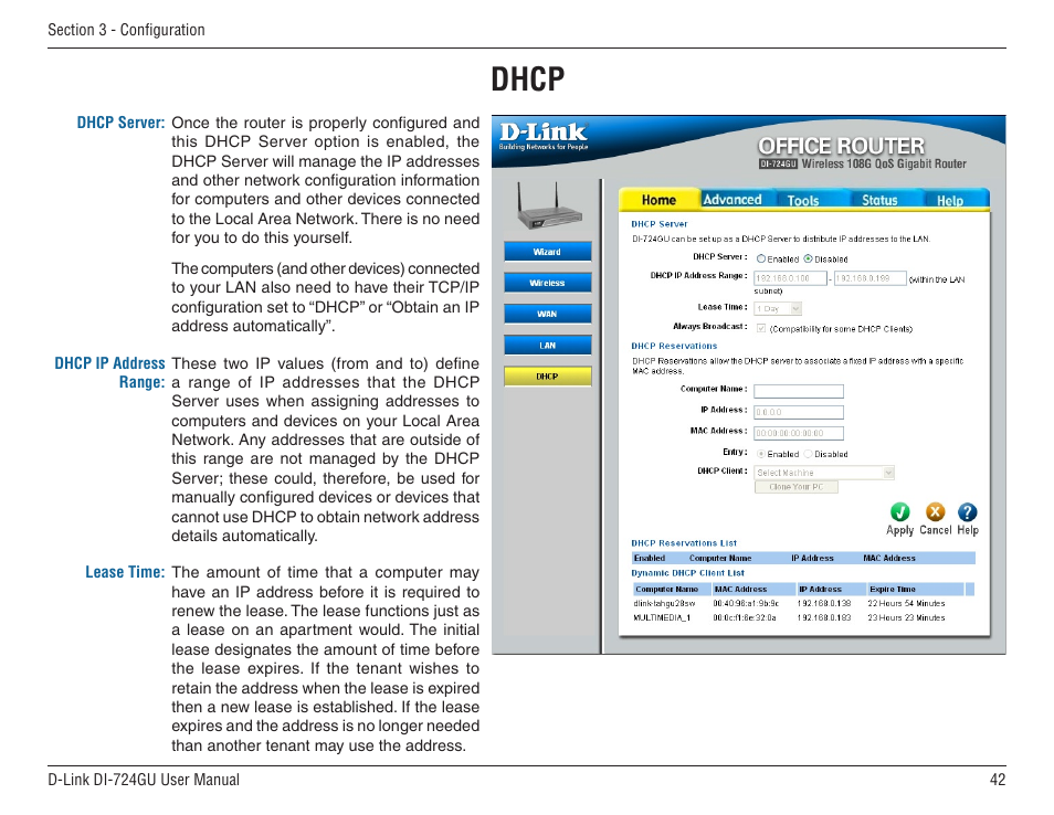 Dhcp | D-Link WIRELES 108 ROUTER DI-724GU User Manual | Page 42 / 89