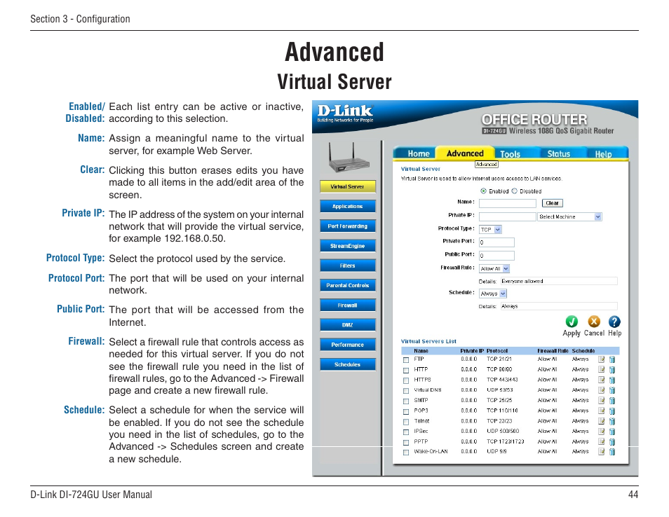 Advanced, Virtual server | D-Link WIRELES 108 ROUTER DI-724GU User Manual | Page 44 / 89