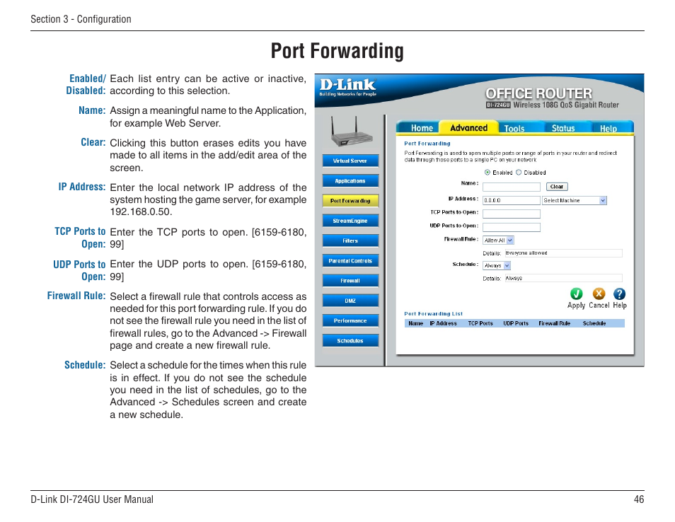 Port forwarding | D-Link WIRELES 108 ROUTER DI-724GU User Manual | Page 46 / 89