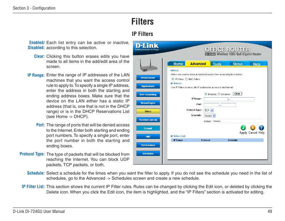 Filters, Ip filters | D-Link WIRELES 108 ROUTER DI-724GU User Manual | Page 49 / 89