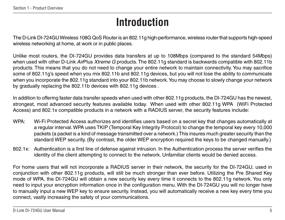 Introduction | D-Link WIRELES 108 ROUTER DI-724GU User Manual | Page 5 / 89