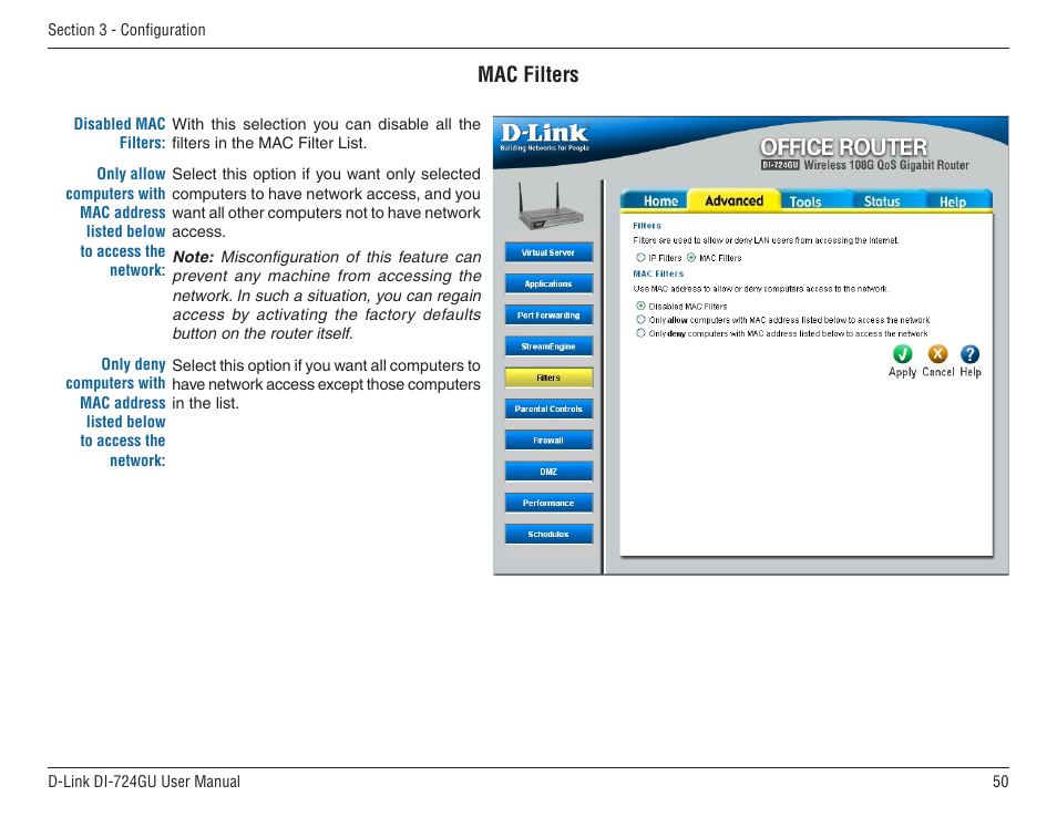 Mac filters | D-Link WIRELES 108 ROUTER DI-724GU User Manual | Page 50 / 89