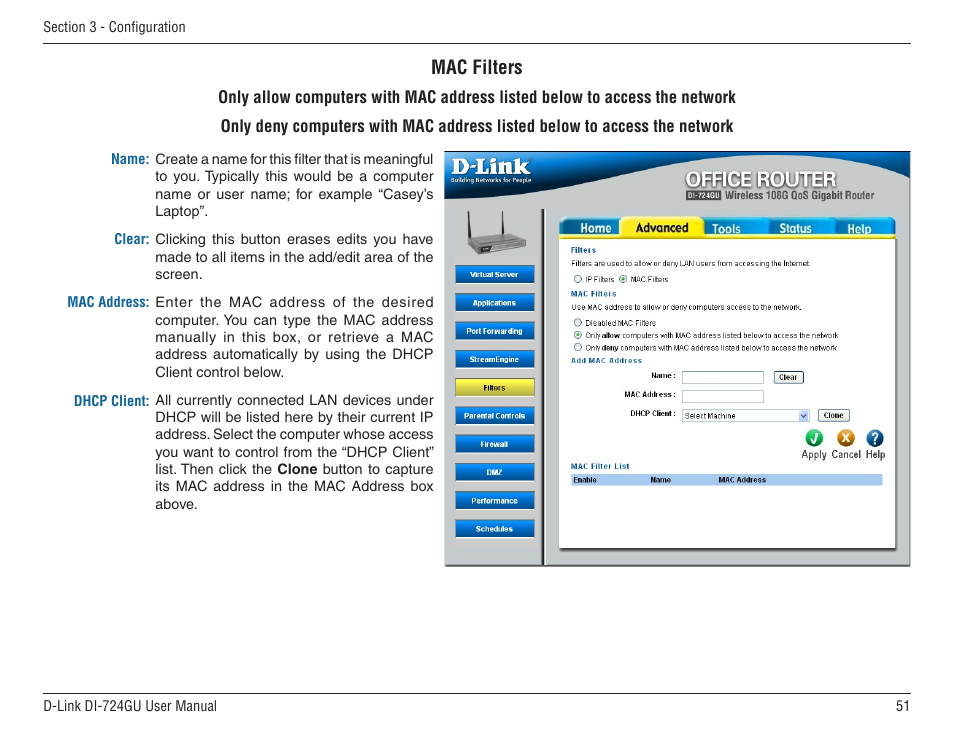 Mac filters | D-Link WIRELES 108 ROUTER DI-724GU User Manual | Page 51 / 89