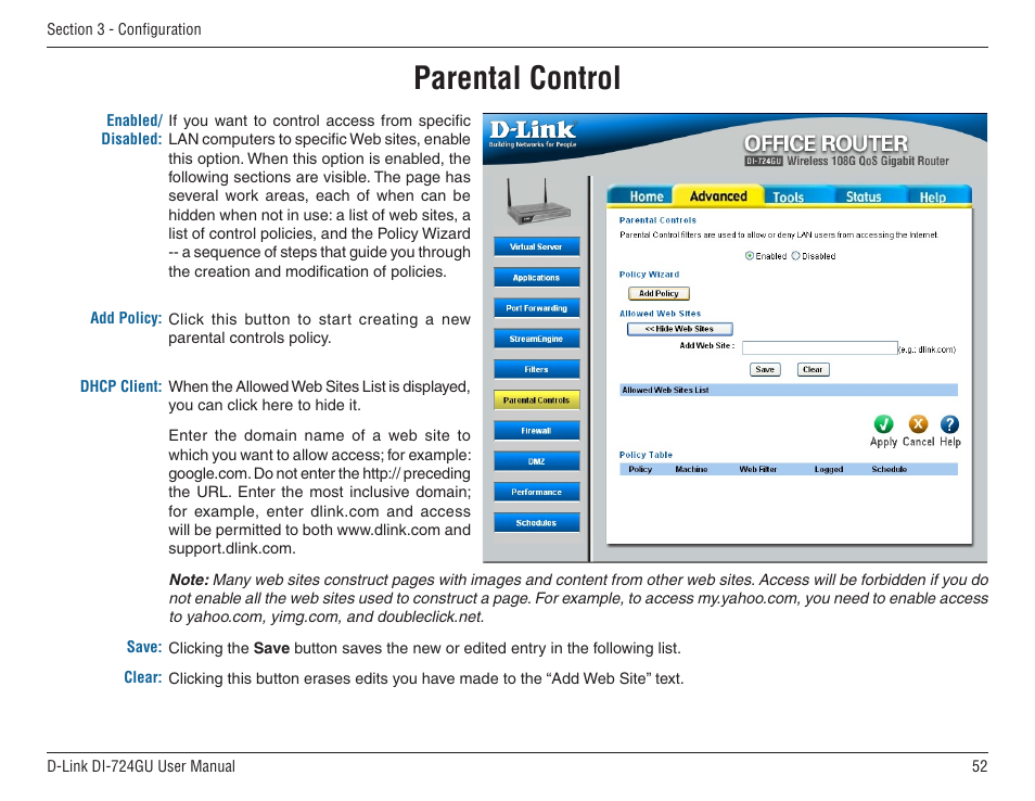 Parental control | D-Link WIRELES 108 ROUTER DI-724GU User Manual | Page 52 / 89