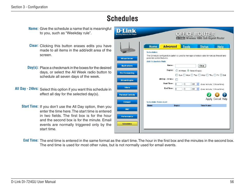 Schedules | D-Link WIRELES 108 ROUTER DI-724GU User Manual | Page 56 / 89