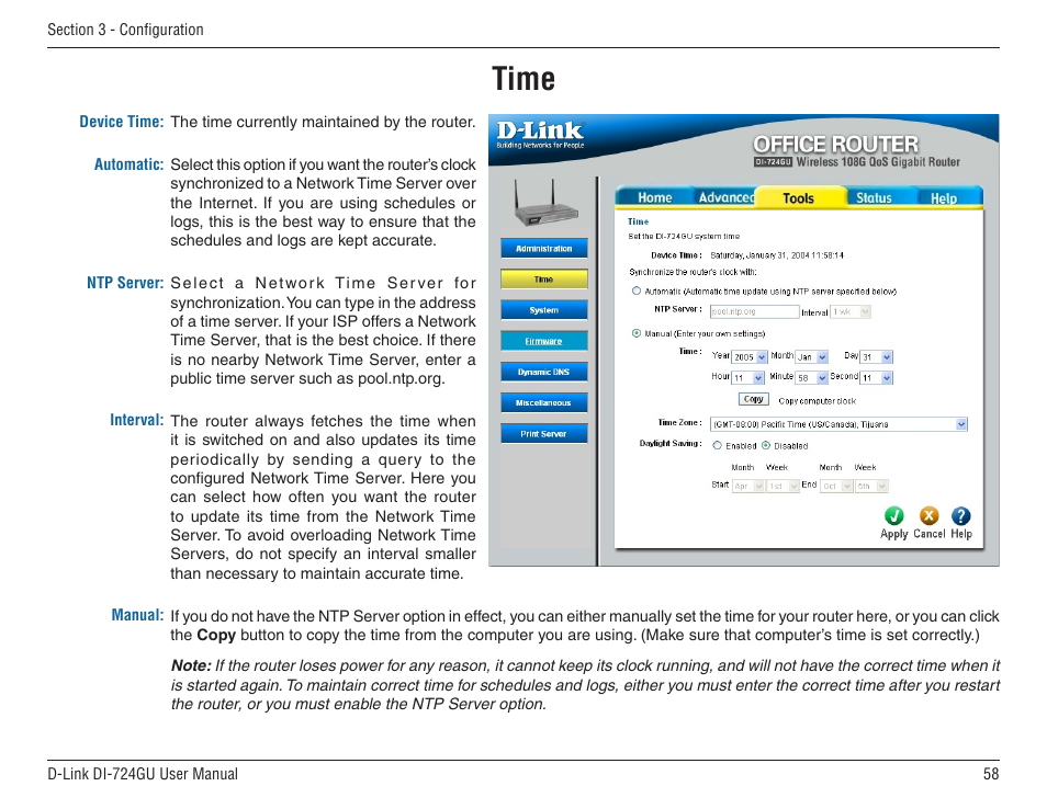 Time | D-Link WIRELES 108 ROUTER DI-724GU User Manual | Page 58 / 89