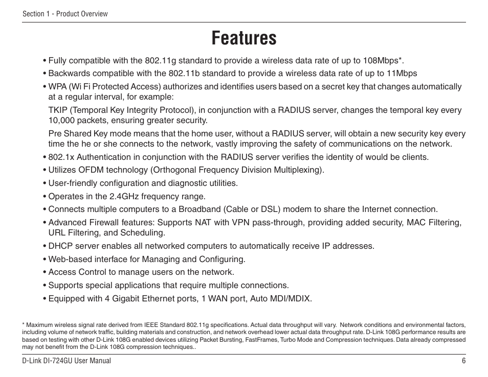 Features | D-Link WIRELES 108 ROUTER DI-724GU User Manual | Page 6 / 89