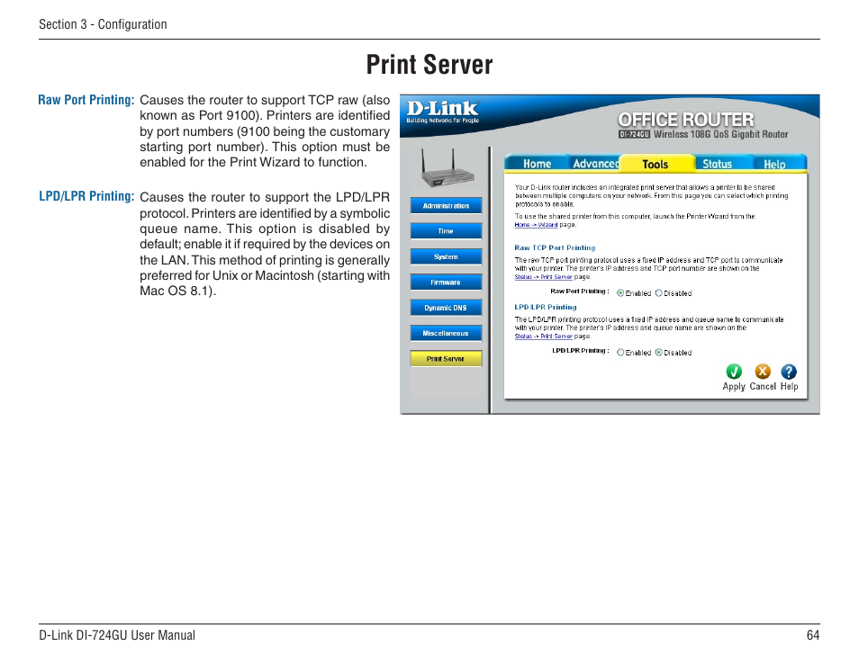 Print server | D-Link WIRELES 108 ROUTER DI-724GU User Manual | Page 64 / 89