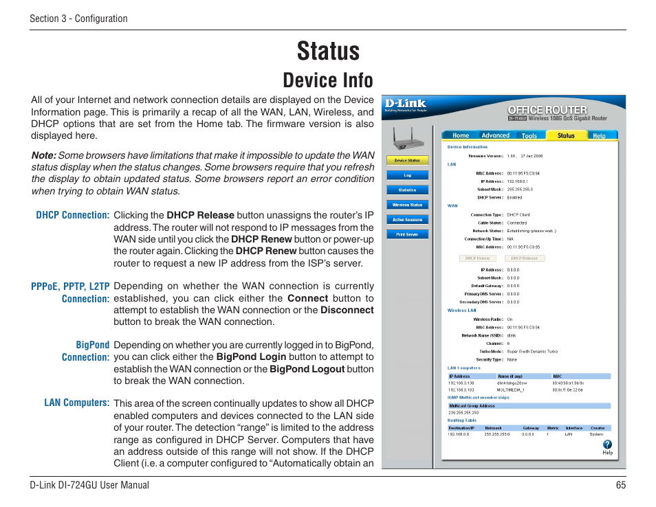 Status, Device info | D-Link WIRELES 108 ROUTER DI-724GU User Manual | Page 65 / 89