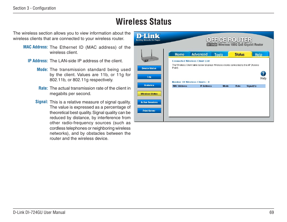 Wireless status | D-Link WIRELES 108 ROUTER DI-724GU User Manual | Page 69 / 89
