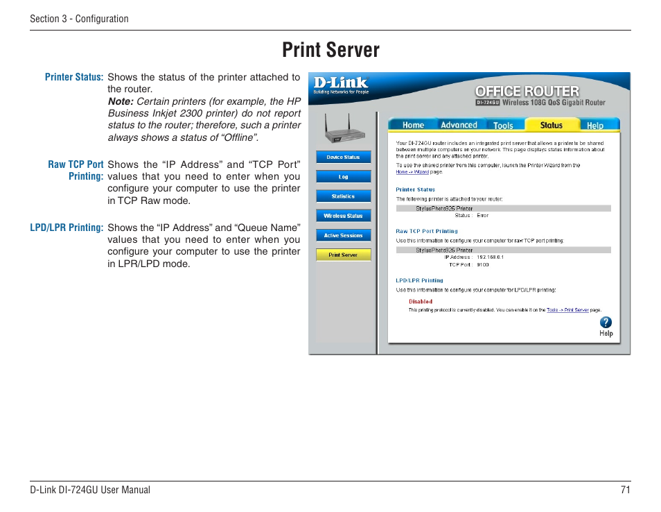 Print server | D-Link WIRELES 108 ROUTER DI-724GU User Manual | Page 71 / 89