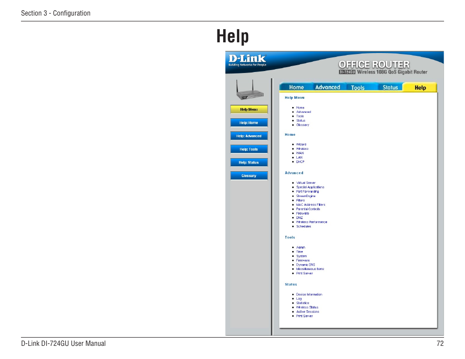 Help | D-Link WIRELES 108 ROUTER DI-724GU User Manual | Page 72 / 89
