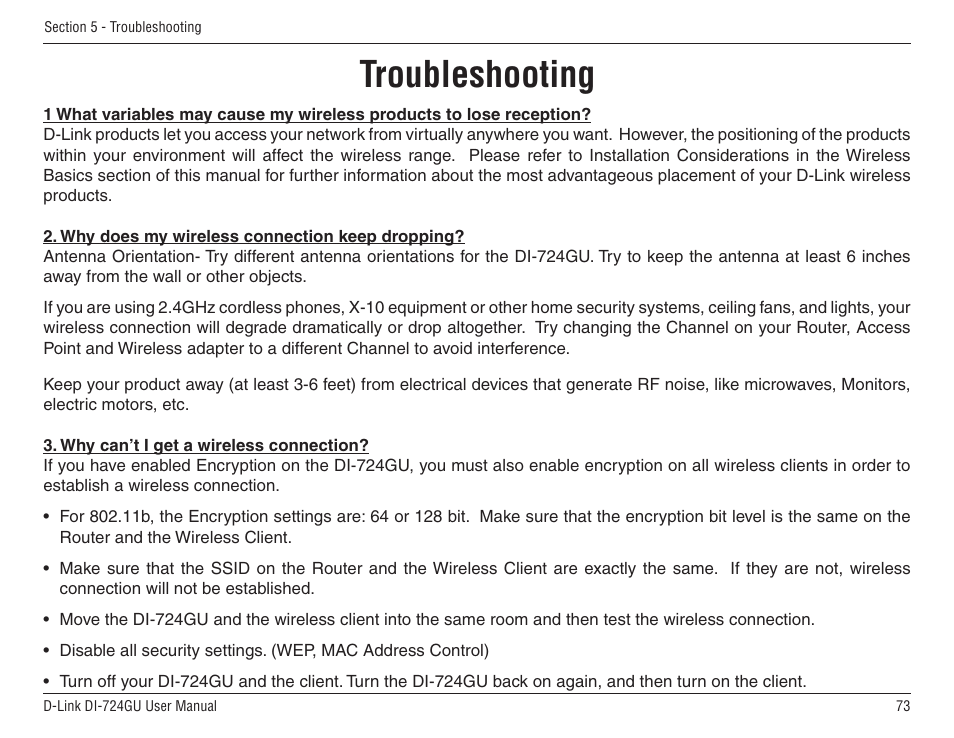 Troubleshooting | D-Link WIRELES 108 ROUTER DI-724GU User Manual | Page 73 / 89