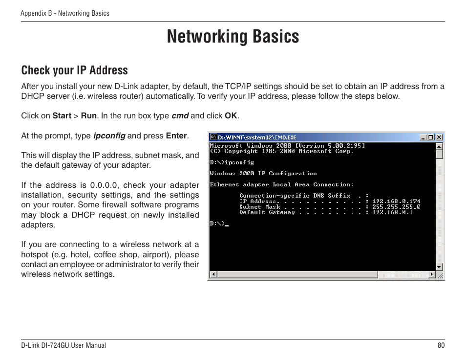 Networking basics, Check your ip address | D-Link WIRELES 108 ROUTER DI-724GU User Manual | Page 80 / 89