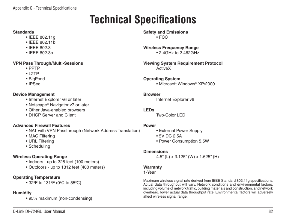 Technical speciﬁcations | D-Link WIRELES 108 ROUTER DI-724GU User Manual | Page 82 / 89