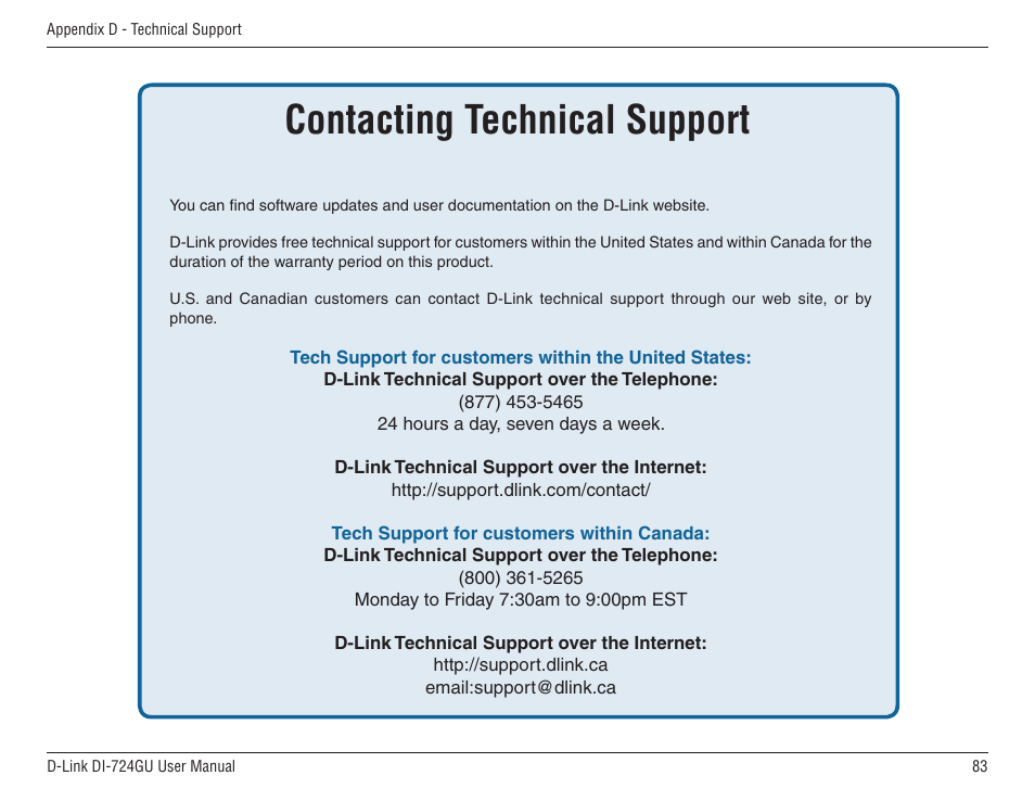Contacting technical support | D-Link WIRELES 108 ROUTER DI-724GU User Manual | Page 83 / 89