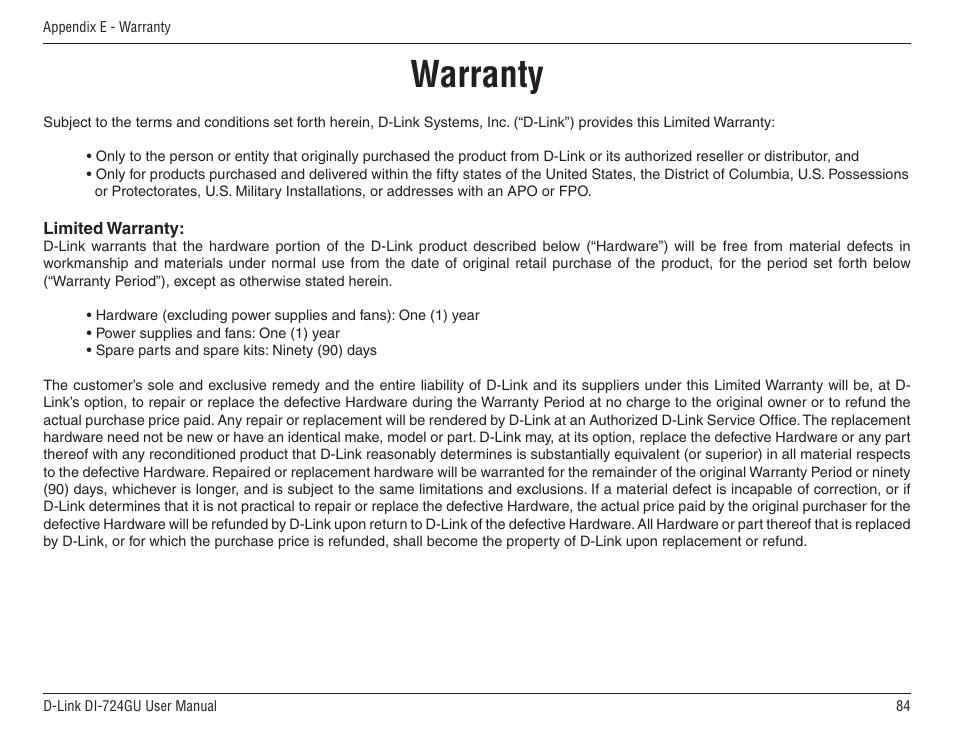 Warranty | D-Link WIRELES 108 ROUTER DI-724GU User Manual | Page 84 / 89
