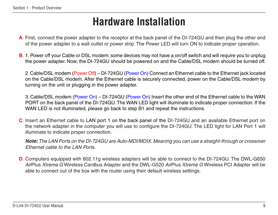 Hardware installation | D-Link WIRELES 108 ROUTER DI-724GU User Manual | Page 9 / 89