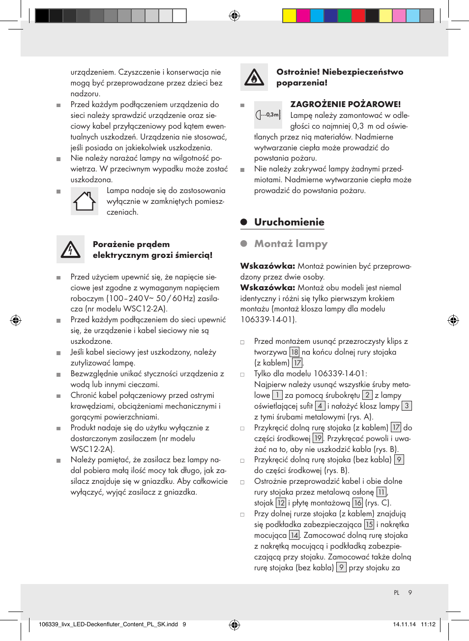 Uruchomienie montaż lampy | Livarno 106339-14-01-BS/ 106339-14-02-BS User Manual | Page 9 / 17