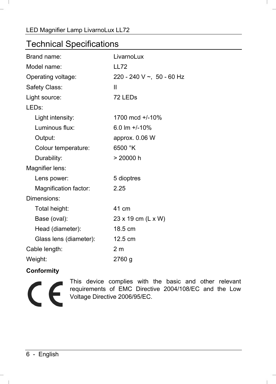 Technical specifications | Livarno LL72 User Manual | Page 8 / 14