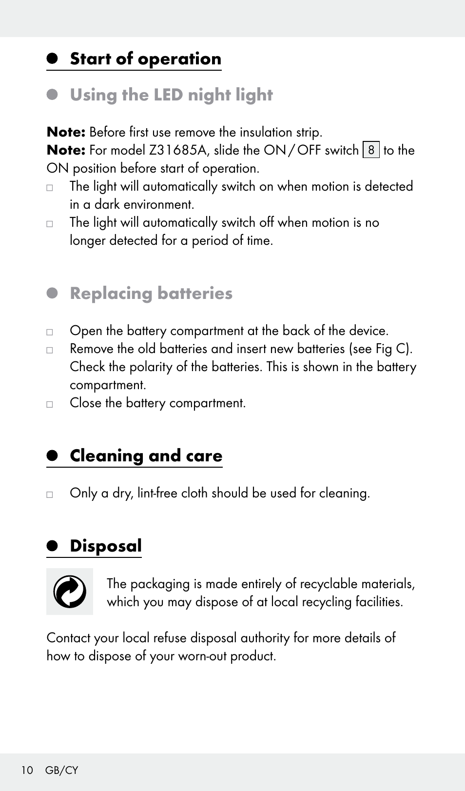 Start of operation using the led night light, Replacing batteries, Cleaning and care | Disposal | Livarno Z31685A, Z31685B, Z31685C, Z31685D User Manual | Page 10 / 37