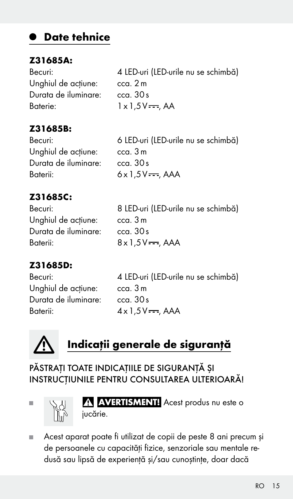 Date tehnice, Indicaţii generale de siguranţă | Livarno Z31685A, Z31685B, Z31685C, Z31685D User Manual | Page 15 / 37
