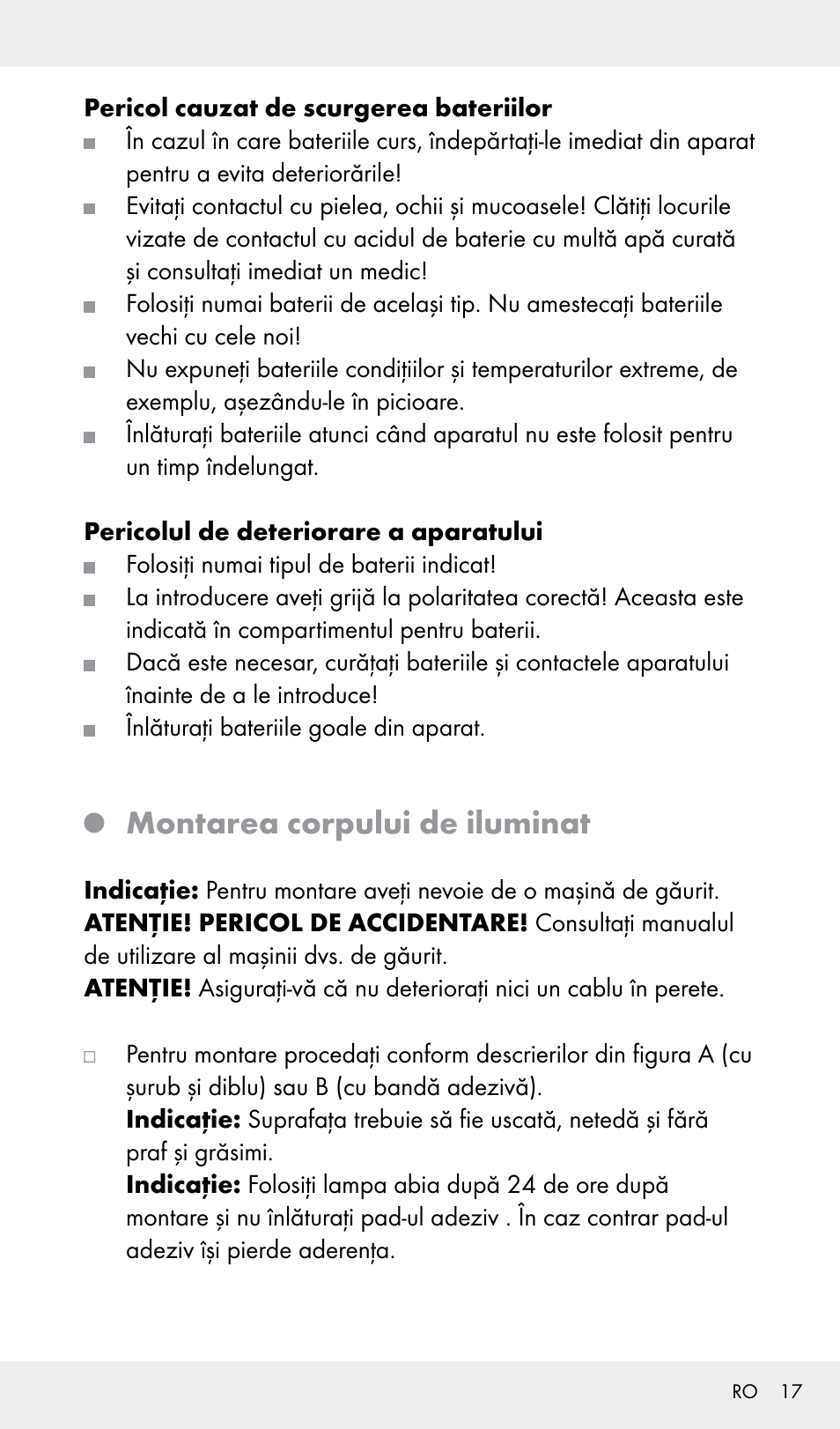 Montarea corpului de iluminat | Livarno Z31685A, Z31685B, Z31685C, Z31685D User Manual | Page 17 / 37