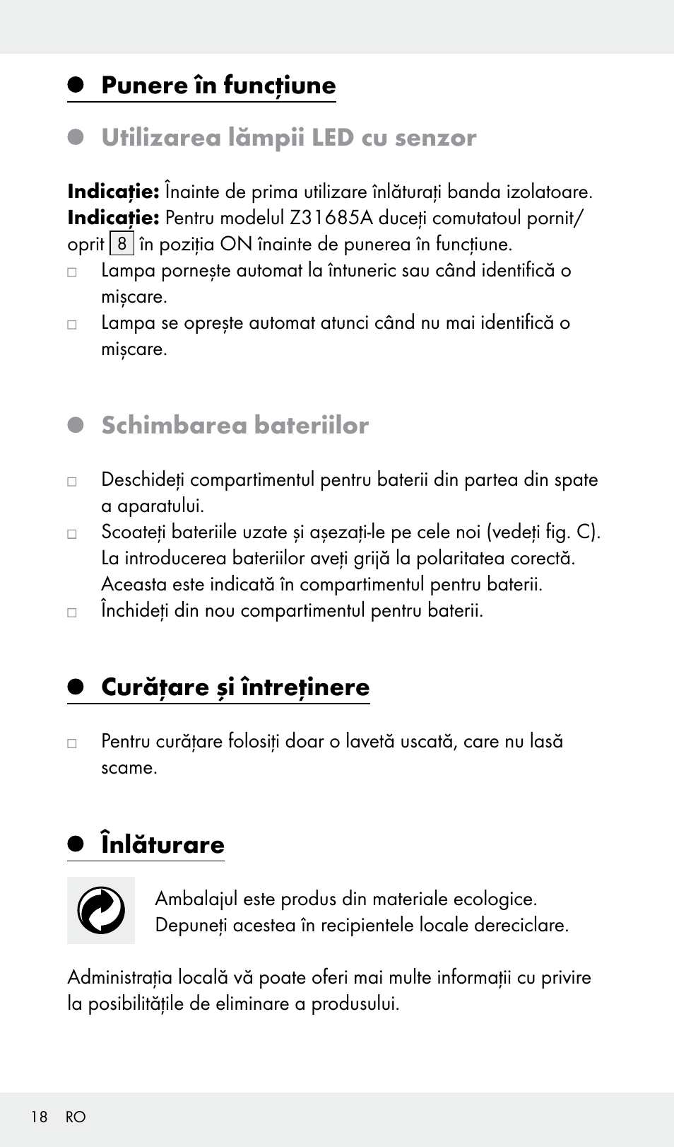 Punere în funcţiune, Utilizarea lămpii led cu senzor, Schimbarea bateriilor | Curăţare şi întreţinere, Înlăturare | Livarno Z31685A, Z31685B, Z31685C, Z31685D User Manual | Page 18 / 37