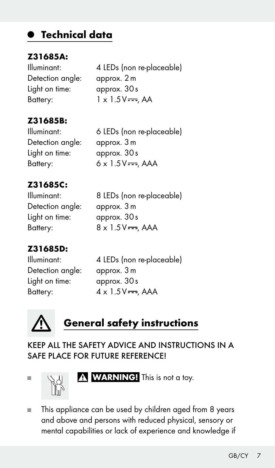 Technical data, General safety instructions | Livarno Z31685A, Z31685B, Z31685C, Z31685D User Manual | Page 7 / 37
