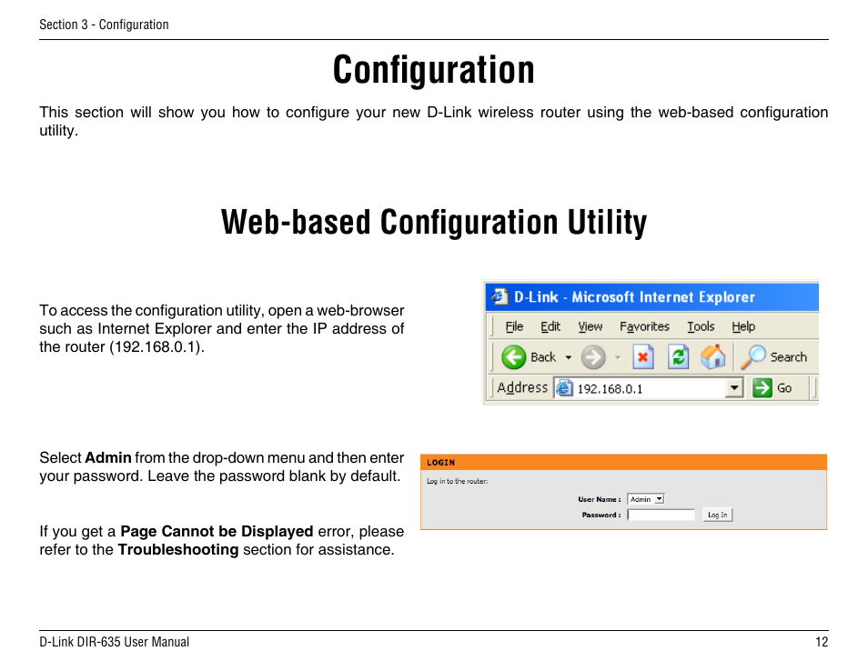 Configuration, Web-based configuration utility | D-Link DIR-635 User Manual | Page 12 / 86