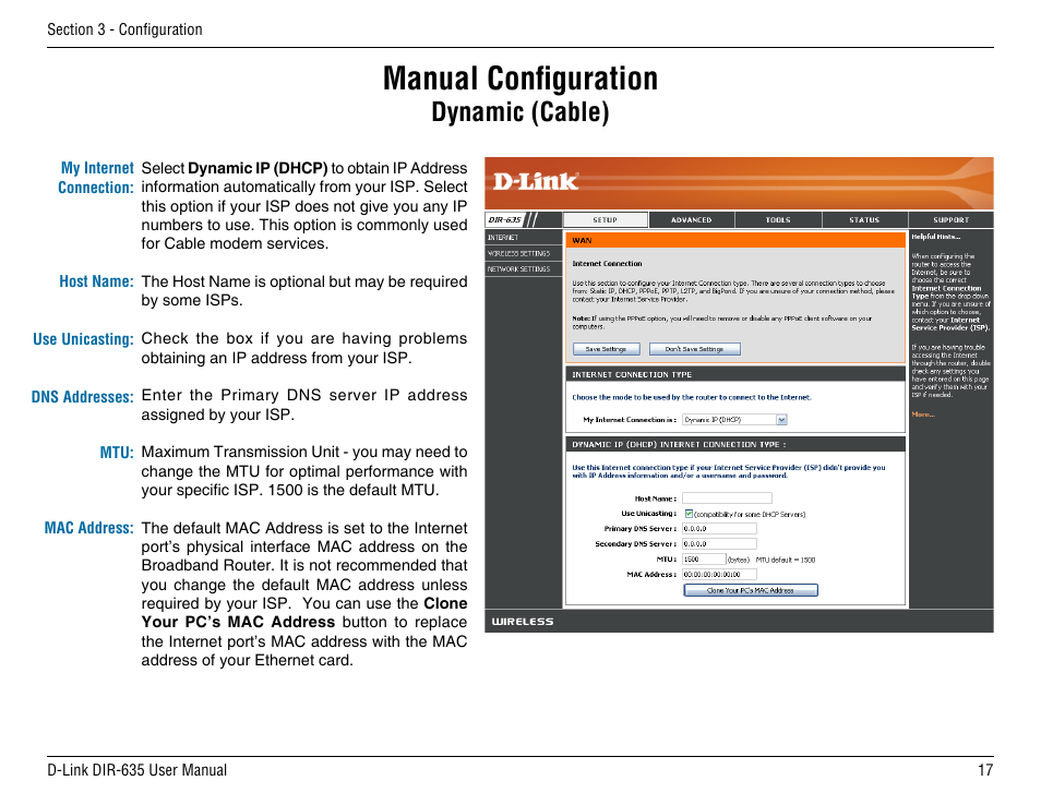 Manual configuration, Dynamic (cable) | D-Link DIR-635 User Manual | Page 17 / 86