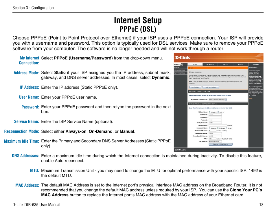 Internet setup, Pppoe (dsl) | D-Link DIR-635 User Manual | Page 18 / 86