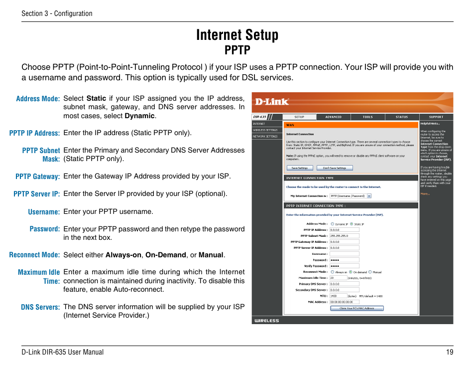 Internet setup, Pptp | D-Link DIR-635 User Manual | Page 19 / 86