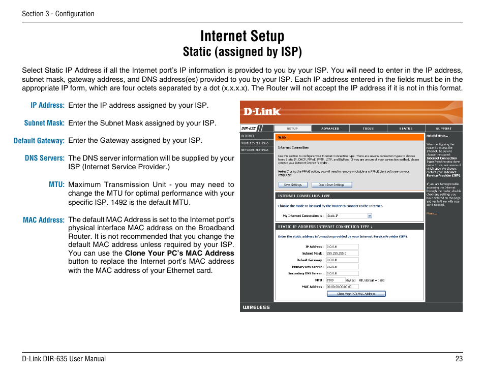 Internet setup, Static (assigned by isp) | D-Link DIR-635 User Manual | Page 23 / 86