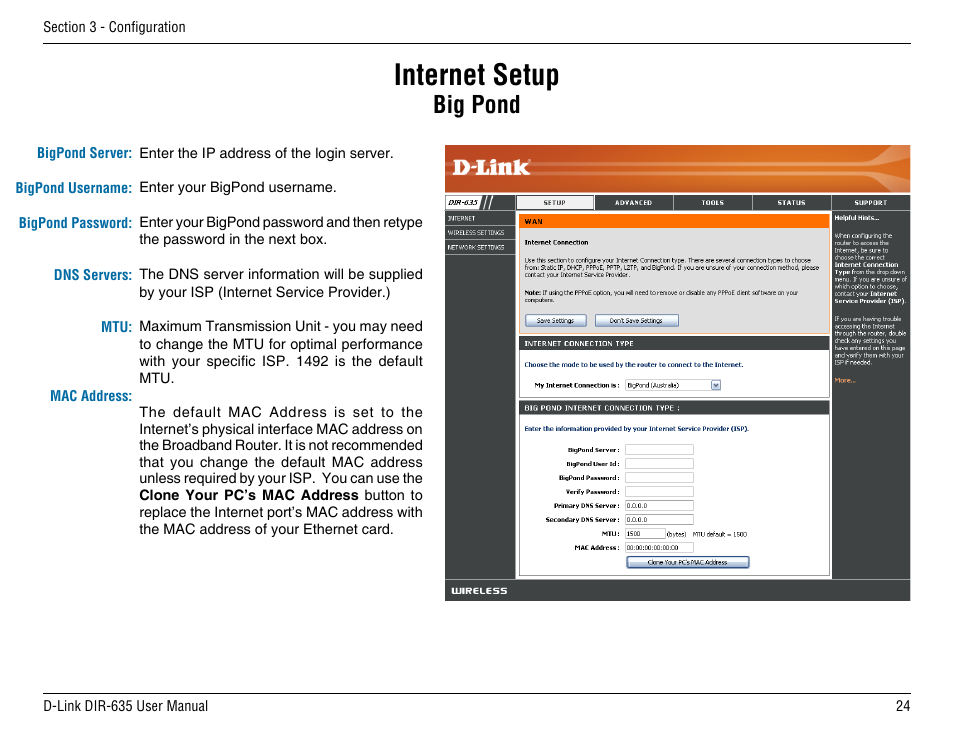 Internet setup, Big pond | D-Link DIR-635 User Manual | Page 24 / 86