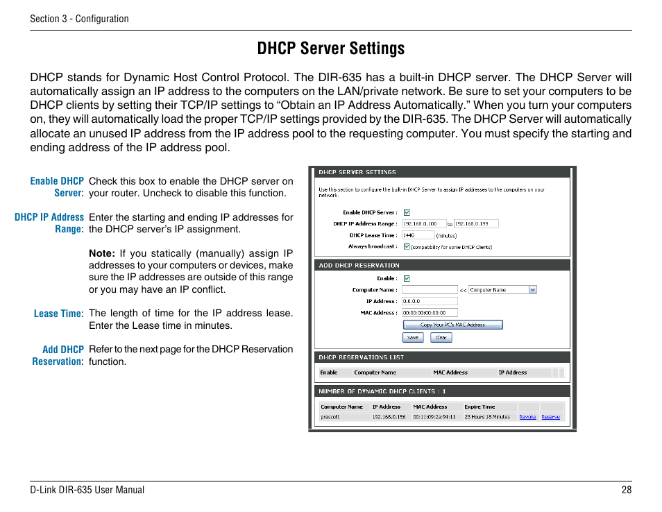 Dhcp server settings | D-Link DIR-635 User Manual | Page 28 / 86