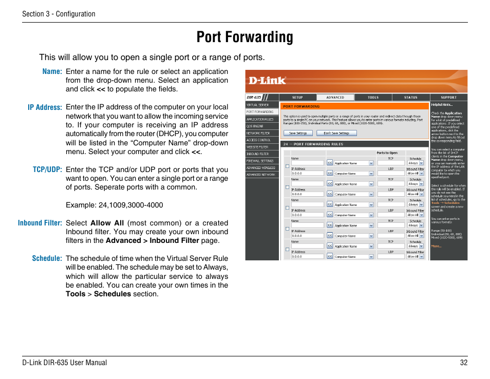 Port forwarding | D-Link DIR-635 User Manual | Page 32 / 86