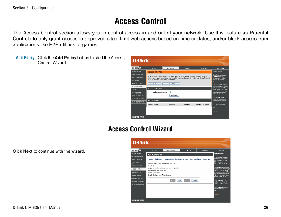 Access control, Access control wizard | D-Link DIR-635 User Manual | Page 36 / 86