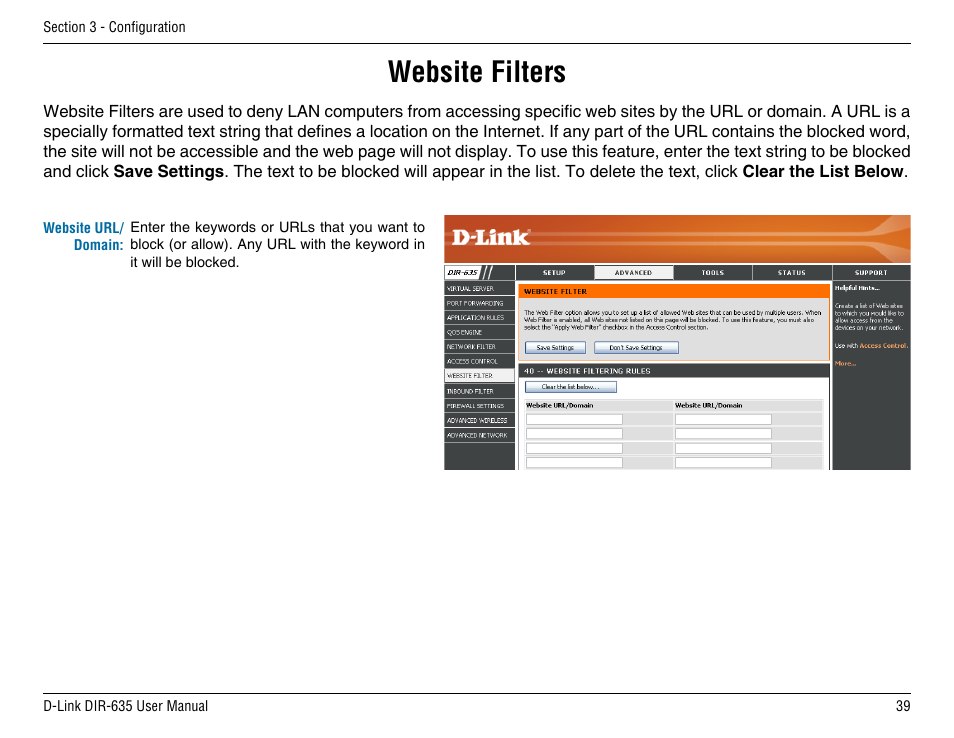 Website filters | D-Link DIR-635 User Manual | Page 39 / 86