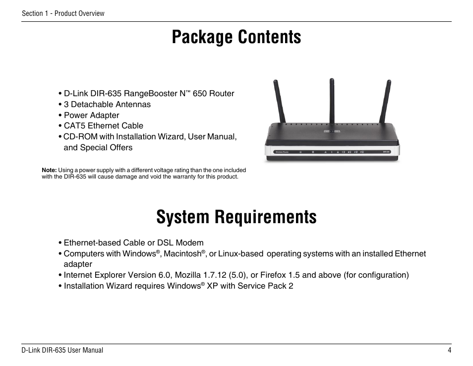 Product overview, System requirements, Package contents | D-Link DIR-635 User Manual | Page 4 / 86