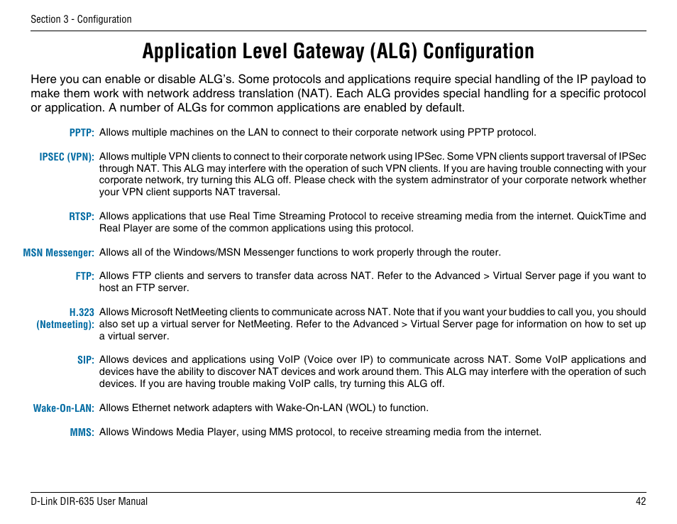 Application level gateway (alg) configuration | D-Link DIR-635 User Manual | Page 42 / 86