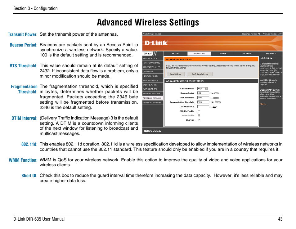 Advanced wireless settings | D-Link DIR-635 User Manual | Page 43 / 86