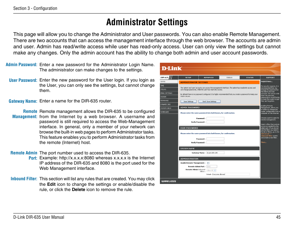 Administrator settings | D-Link DIR-635 User Manual | Page 45 / 86