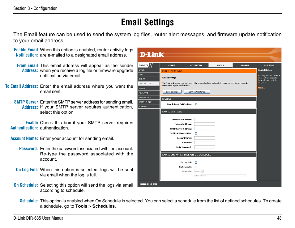 Email settings | D-Link DIR-635 User Manual | Page 48 / 86