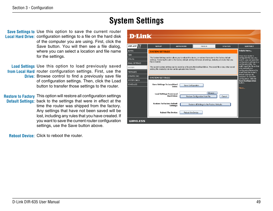 System settings | D-Link DIR-635 User Manual | Page 49 / 86