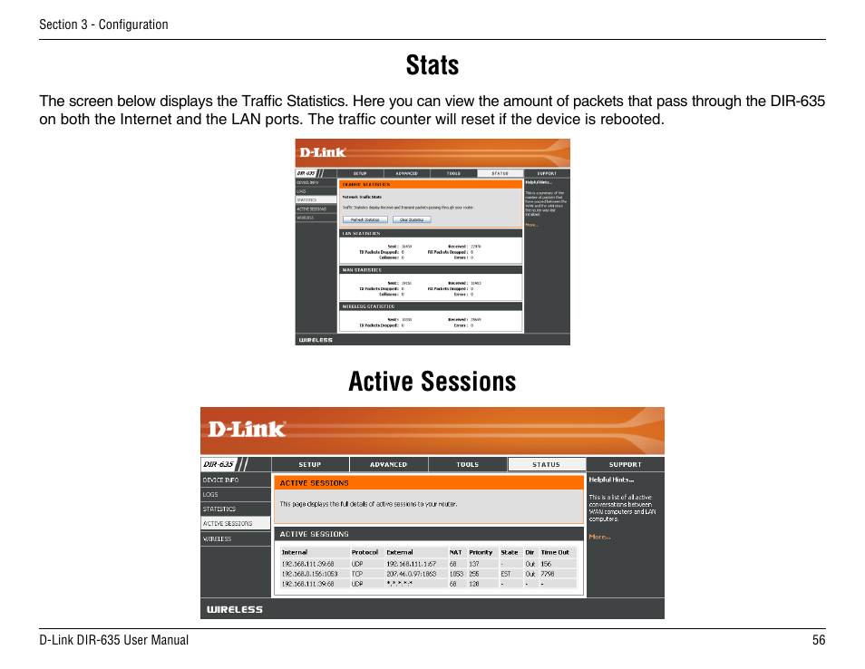 Stats, Active sessions | D-Link DIR-635 User Manual | Page 56 / 86