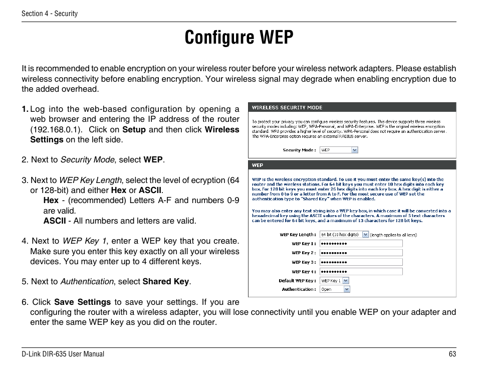 Configure wep | D-Link DIR-635 User Manual | Page 63 / 86